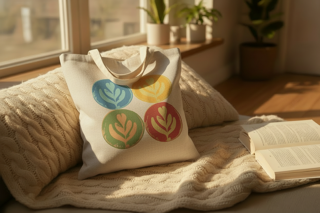 neutral color tote bag with 4 latte art tulips in a 2x2 grid: top left is blue, top right yellow, bottom left green, bottom right red. the bag is placed on a blanket in a cozy indoor setting. warm natural light getting in from the window, a few plants in the background