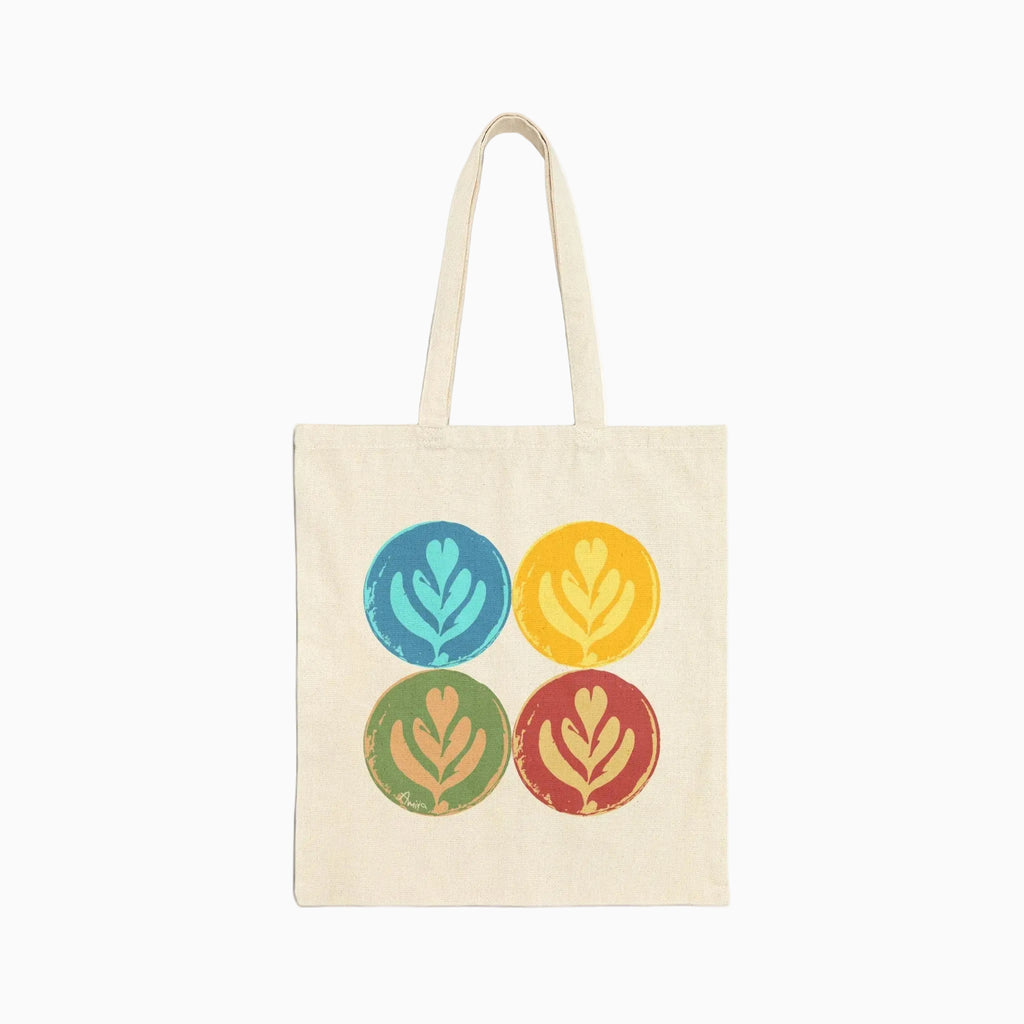 neutral color tote bag with 4 latte art tulips in a 2x2 grid: top left is blue, top right yellow, bottom left green, bottom right red. 