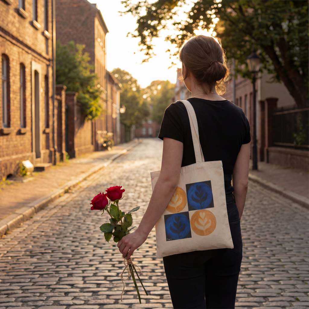 a young woman is walking on a cobblestone street, holding 2 red flowers and a tote bag