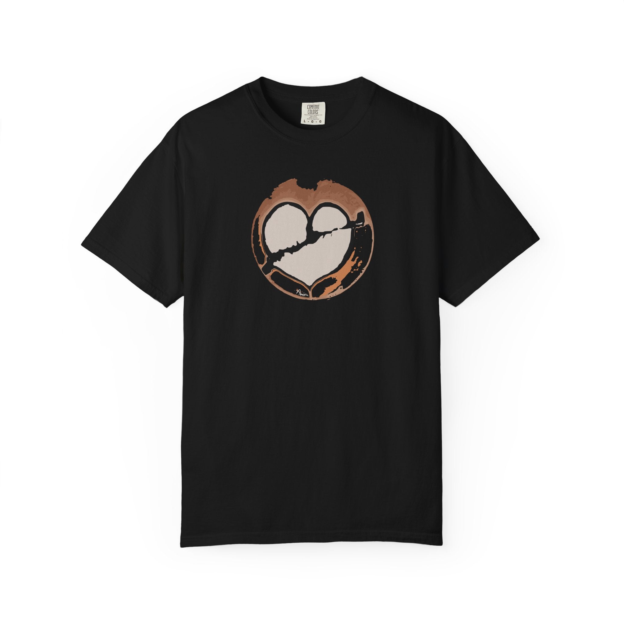 black t-shirt with a broken heart latte art print on its front side. Main colors: brown, gray, black (the arrow and part of the heart), orange.
