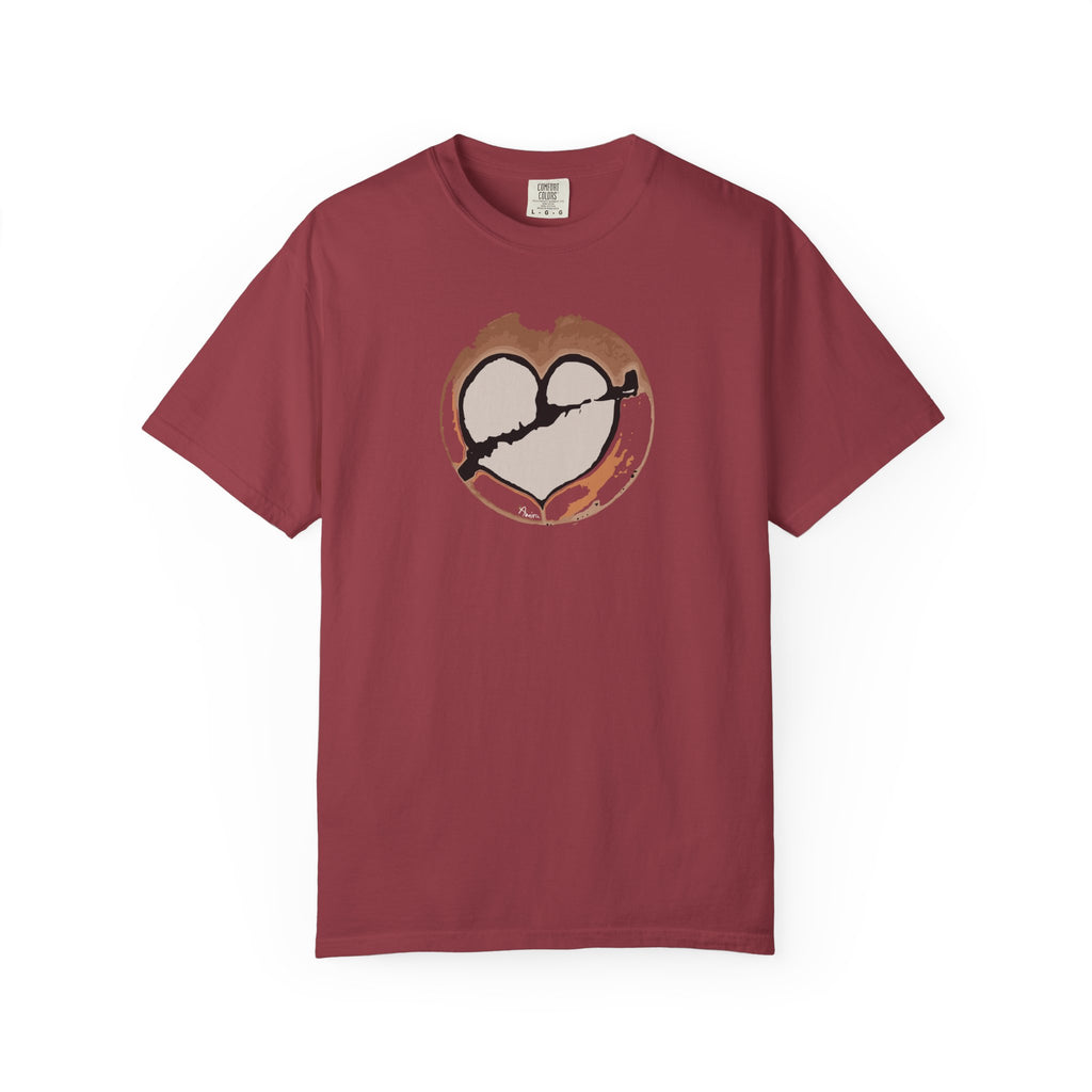deep red t-shirt with a broken heart latte art print on its front side. Main colors: brown, gray, black (the arrow and part of the heart), orange.