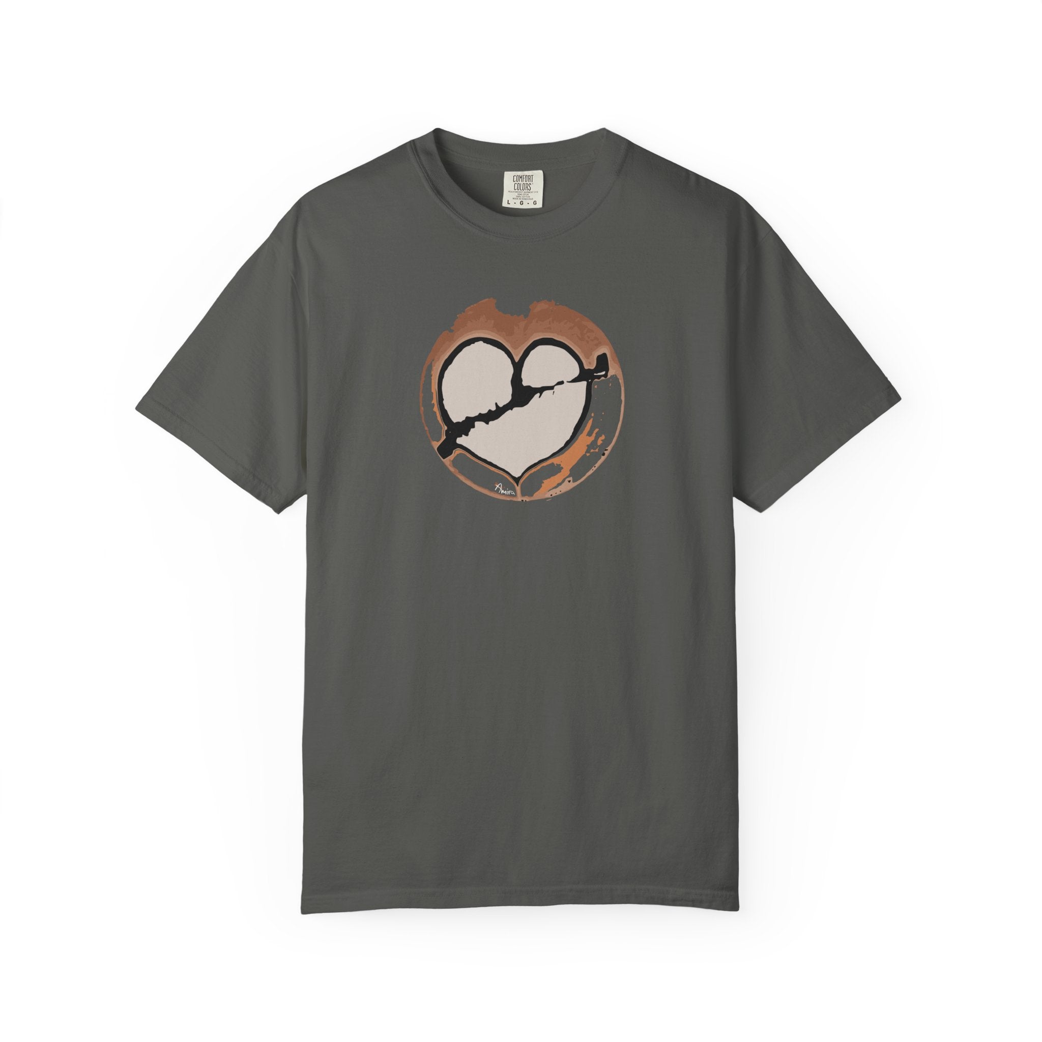 Gray t-shirt with a broken heart latte art print on its front side. Main colors: brown, gray, black (the arrow and part of the heart), orange.