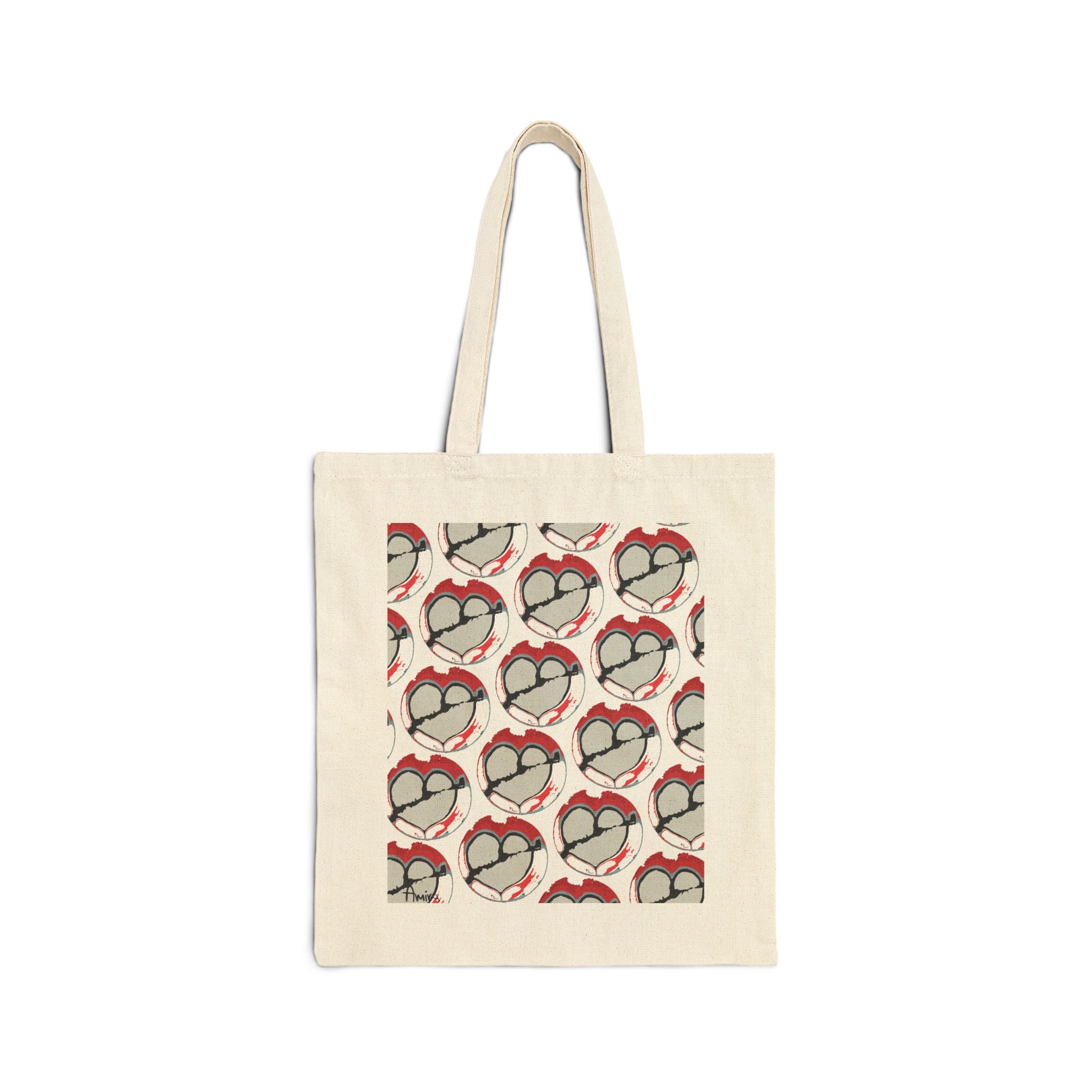 Latte art broken heart pattern on a neutral color cotton canvas tote bag. Main colors: dark red, black, gray