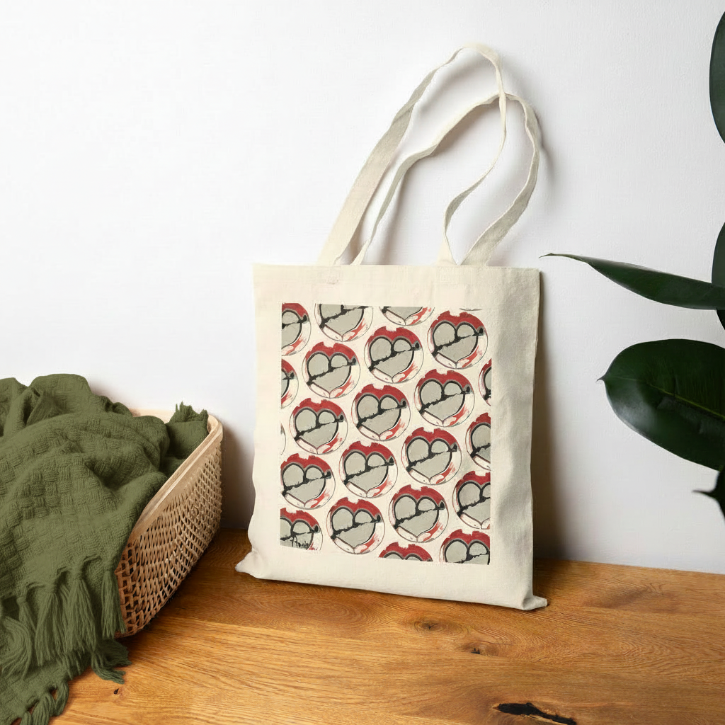 The front side of the bag is shown. The bag is leaning against the wall on a wooden floor. There's a plant on 1 side of the bag and a box with a fluffy olive green blanket in it on its other side.