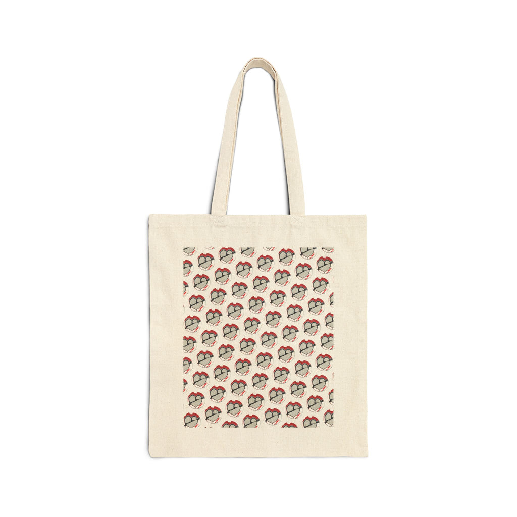 Latte art broken heart pattern on a neutral color canvas tote bag. This side's pattern shows tinier version of the same latte art broken heart. Main colors: dark red, black, gray