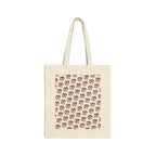 Latte art broken heart pattern on a neutral color canvas tote bag. This side's pattern shows tinier version of the same latte art broken heart. Main colors: dark red, black, gray