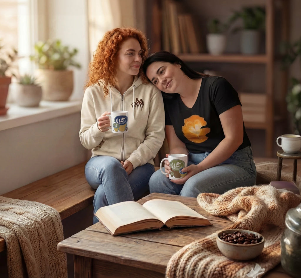Two young women sitting together in a cozy room. One of them has curly red hair, she is wearing the "what if" hoodie in oatmeal heather, holding the "ceramic mug" in her right hand. The other woman has straight black hair and she's resting her head on the first woman's shoulder. She is wearing a black "fading2" thirt and holding the "ceramic mug".