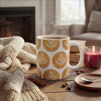 Steaming coffee mug with tulip latte art pattern on a wooden table with a deep red candle, a few coffee beans, a spoon and saucer and cozy beige blanket. A comfy couch and a fireplace in the background.