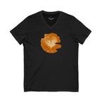 White v-neck t-shirt with a latte art print on its front side: a top view of latte art heart. Some parts of the brown foam look shredded