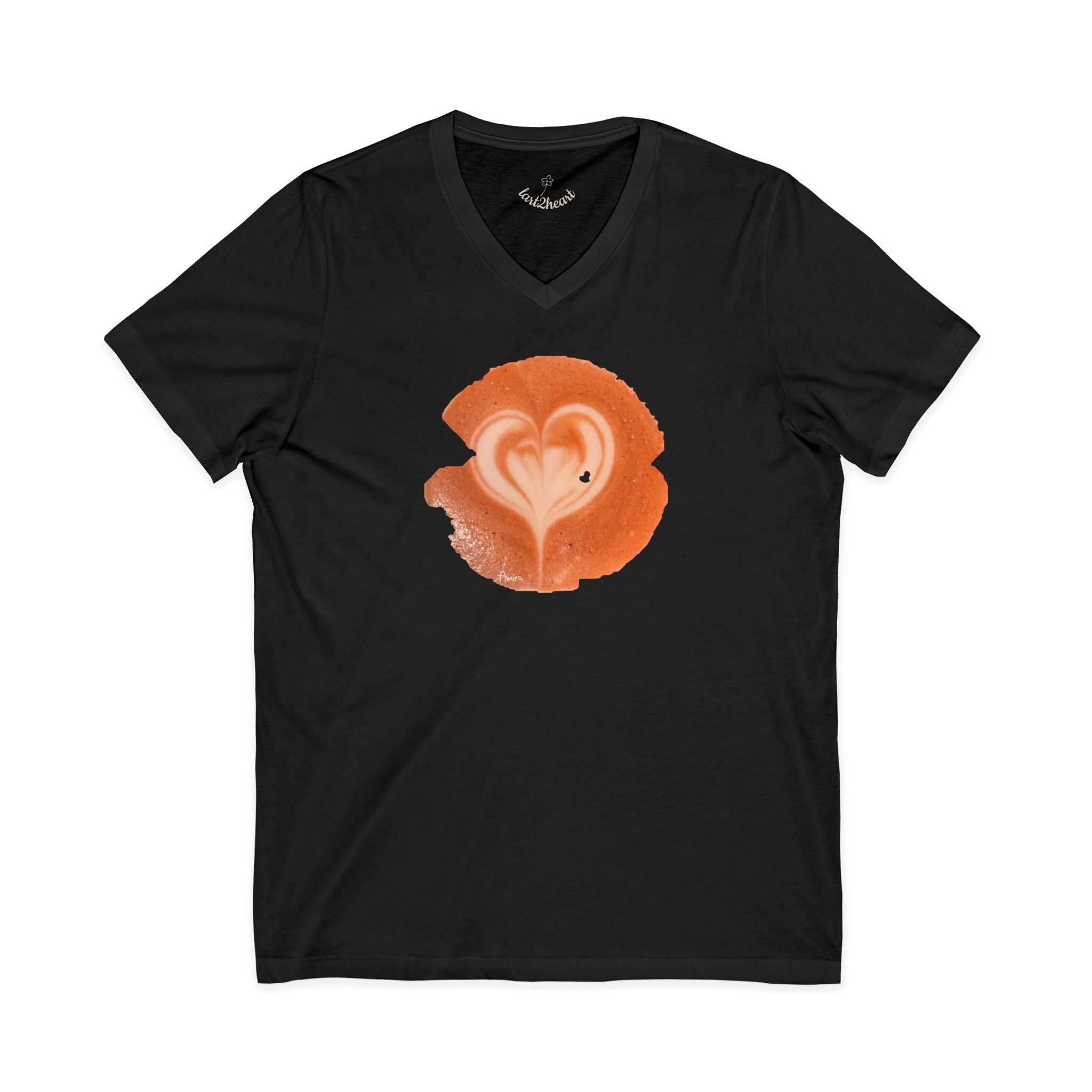 White v-neck t-shirt with a latte art print on its front side: top view of latte art heart. Some parts of the "brown foam" (which is redish-orangeish in this design) look shredded
