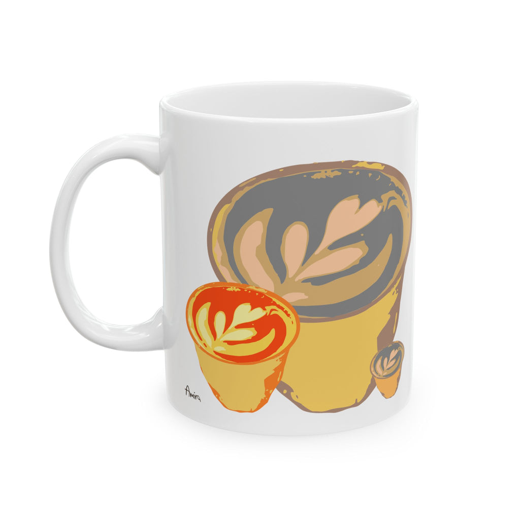 Latte art tulip in a small glass cup, on a white ceramic mug. The design includes 3 of that same pour in different sizes printed on each side of the mug. Main colors: orange, yellow, gray