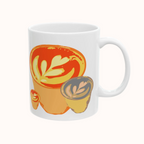 Latte art tulip in a small glass cup, on a white ceramic mug. The design includes 3 of that same pour in different sizes printed on each side of the mug. Main colors: orange, yellow, gray