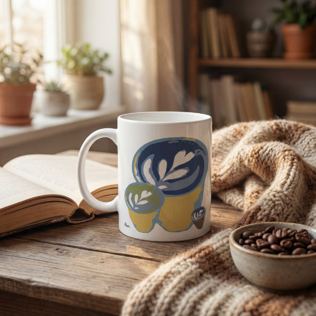 The mug is placed on a wooden table with a book, a brown/gray scarf and a bowl of coffee beans. A cozy feeling, a few plants and books on shelves in the background