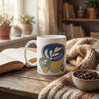 The mug is placed on a wooden table with a book, a brown/gray scarf and a bowl of coffee beans. A cozy feeling, a few plants and books on shelves in the background