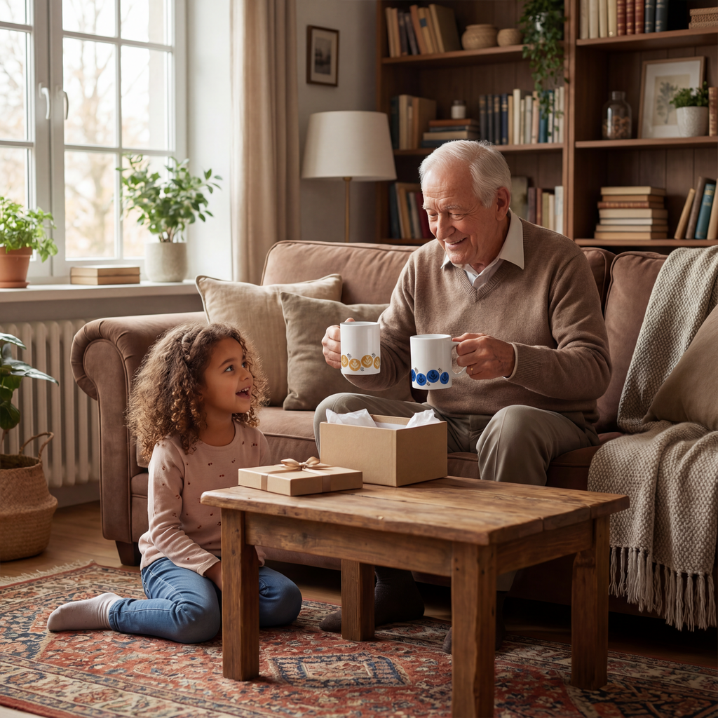 A man is sitting on a comfy brown couch in a cozy living room, opening a gift he got from his little granddaughter who's sitting on the carpet next to him, smiling. He is holding the "new job tulip" mug on 1 hand and the "new job black tulip" on the other hand, smiling.  
