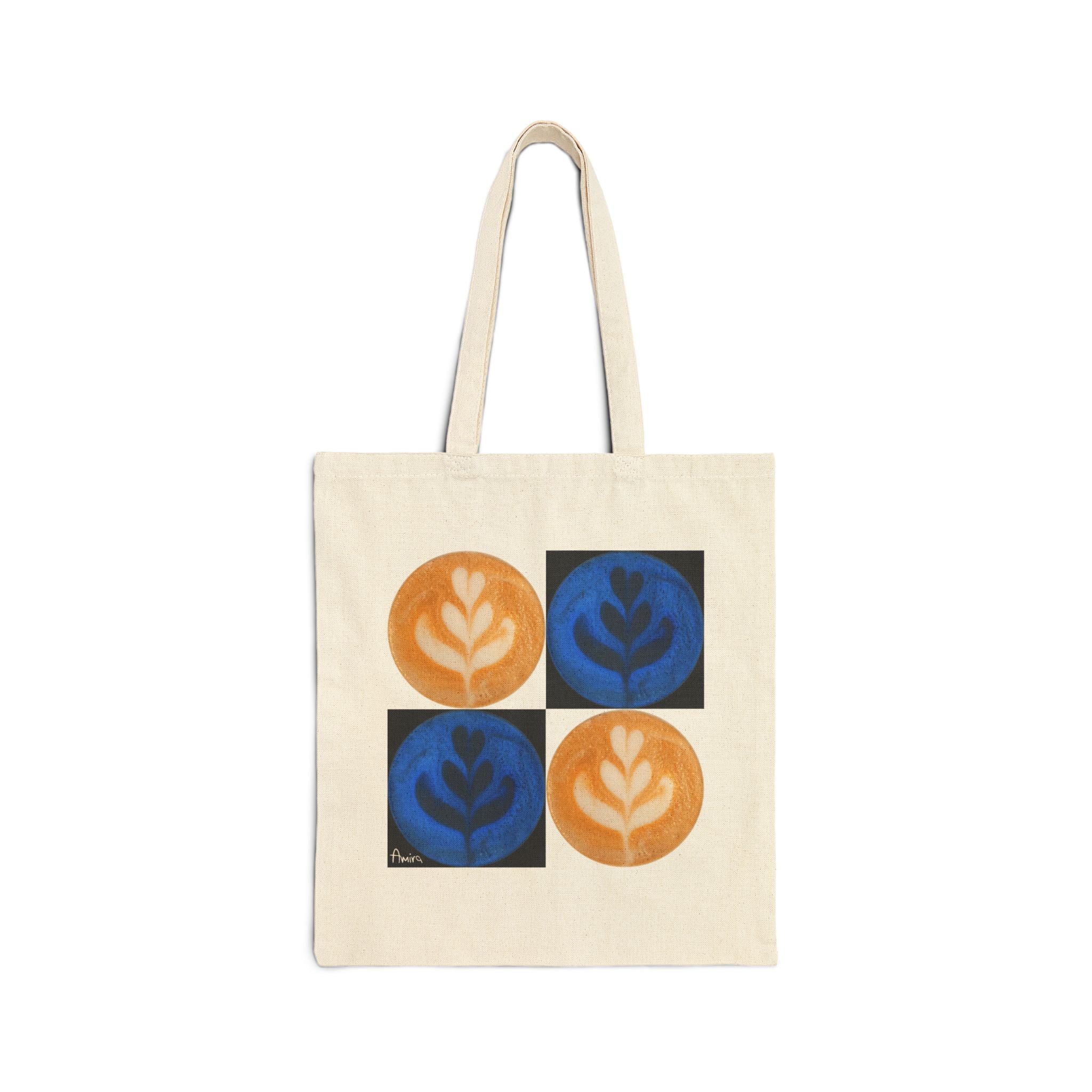 A 15x16 inch neutral color tote bag featuring a 2x2 grid of the same latte art tulip. The top left and bottom right squares show a photo of the original cream/brown tulip.The top rihjt and bottom left squares show the inverted negative version, in which the white foam is black and the brown foam is dark blue.