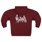 7 latte art tulips looking like real flowers with their stems and leaves curved, placed on the back side of a comfy zip-hoodie. my signature is placed on the bottom left of the design