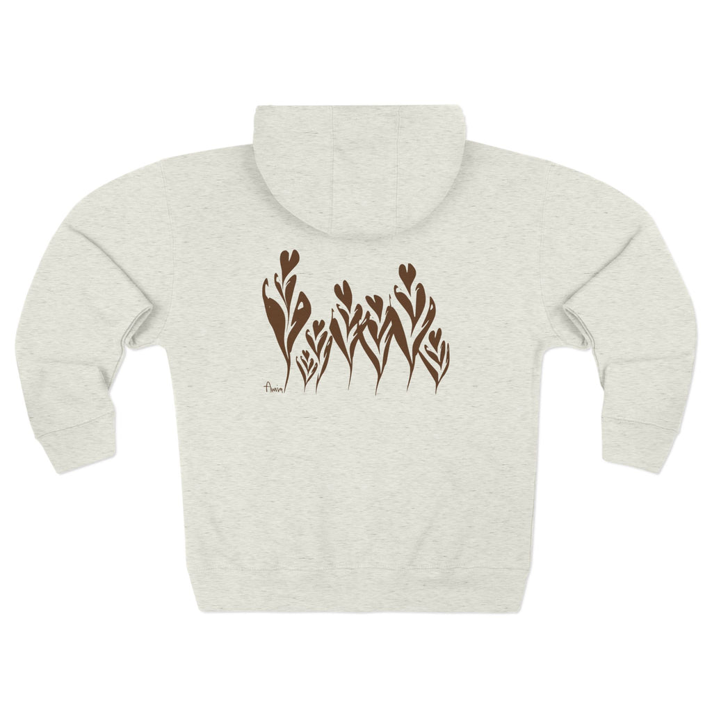 7 latte art tulips looking like real flowers with their stems and leaves curved, placed on the back side of a comfy zip-hoodie. my signature is placed on the bottom left of the design