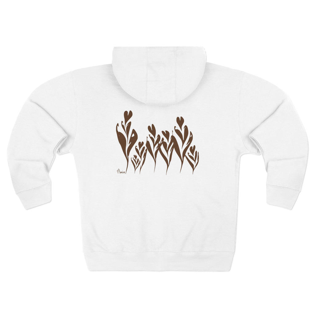 7 latte art tulips looking like real flowers with their stems and leaves curved, placed on the back side of a comfy zip-hoodie. my signature is placed on the bottom left of the design